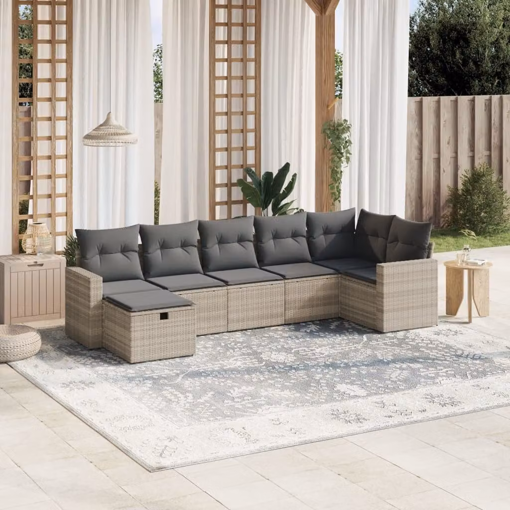 vidaXL Set Divani da Giardino 7pz a Forma di L con Cuscini Grigio Chiaro in Polyrattan e Acciaio – 1