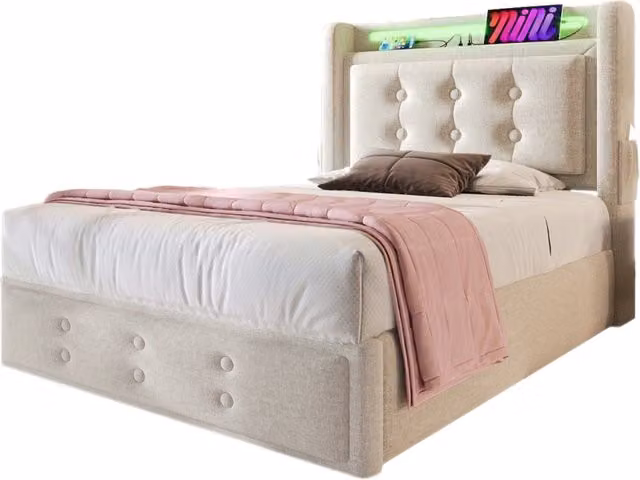 Letto singolo 90x200 in cotone e metallo beige con LED， USB-C e vano contenitore