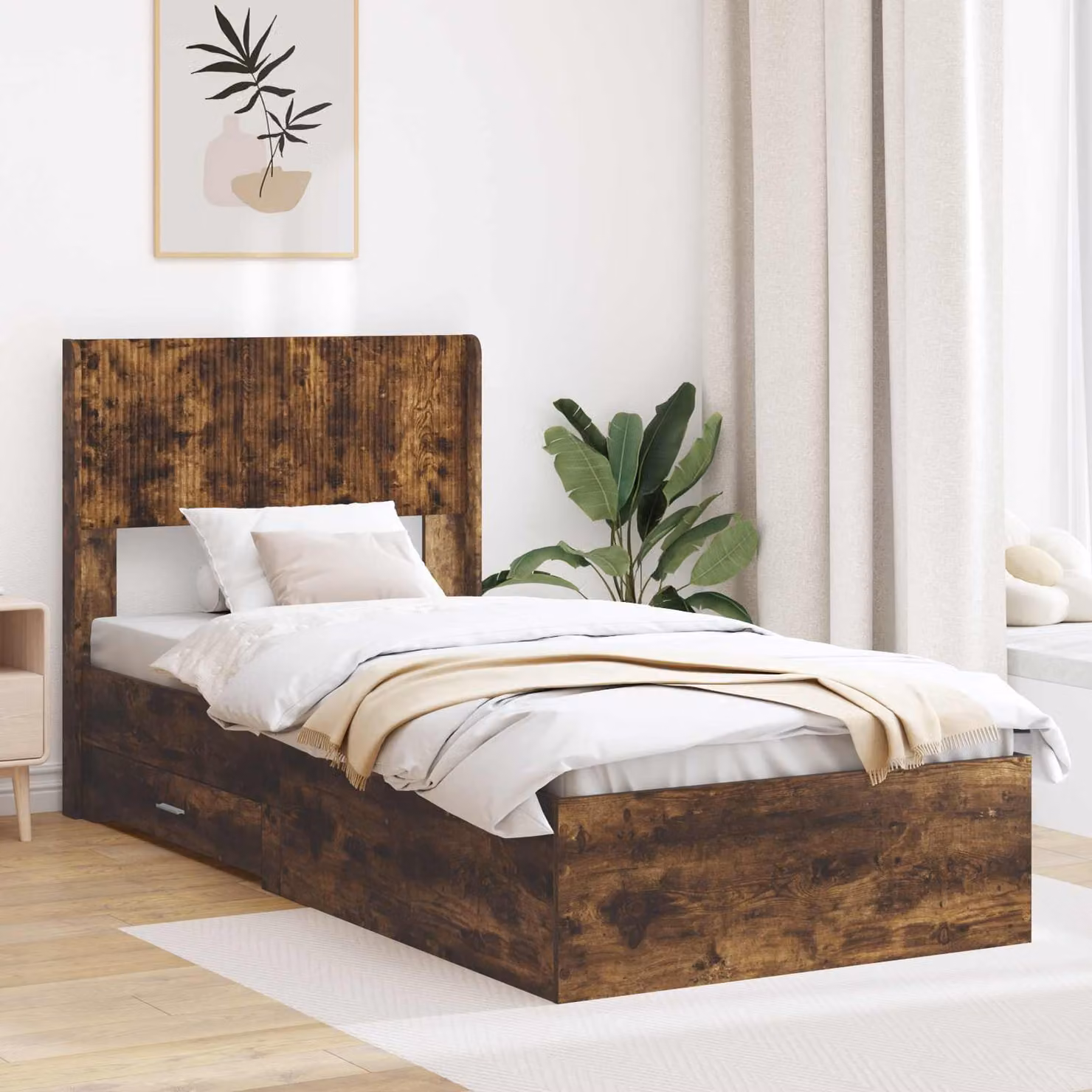 Struttura letto con contenitore e testata vidaXL in legno Rovere Fumo, L/P/H: 190 x 90 x 97 cm