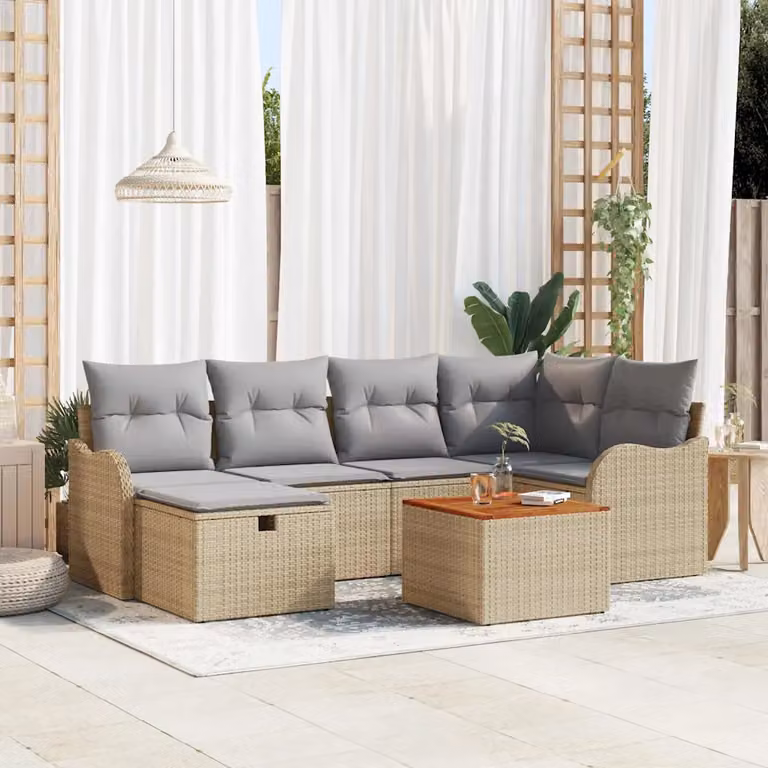 Set Divano da Giardino a L vidaXL 7 Pezzi Beige con Cuscini e Tavolino in Rattan e Acciaio
