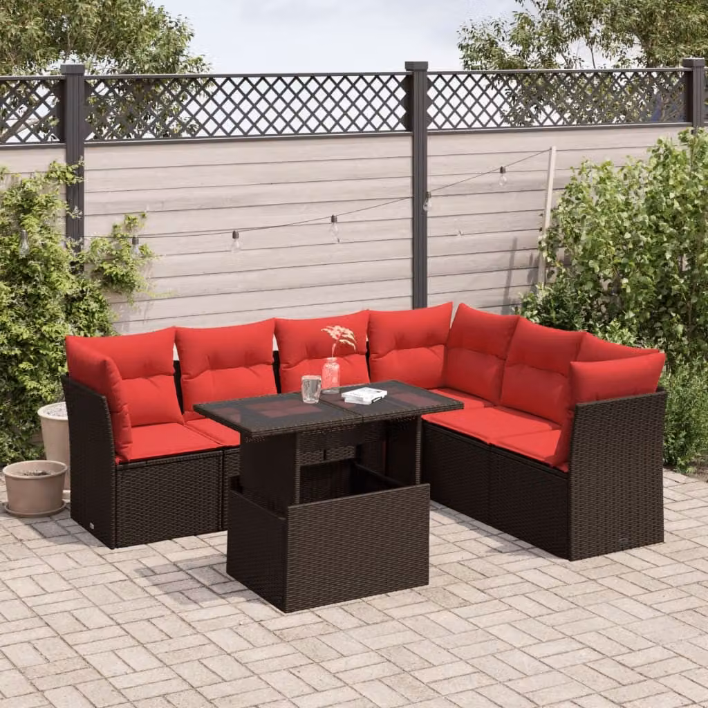 Set Divano da Giardino vidaXL 7 Pezzi in Polyrattan Marrone con Cuscini e Tavolino da Esterno a Forma di L
