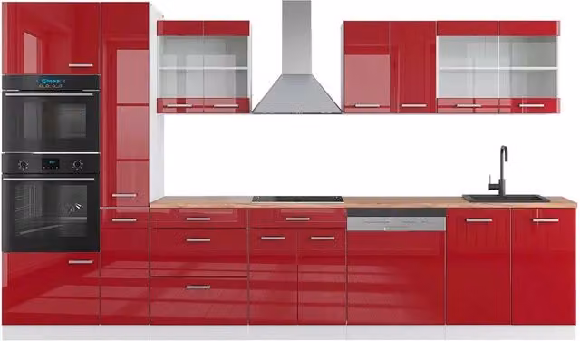 Mobile da cucina moderno Vicco R-Line Rosso lucido e Bianco con armadio alto e piano in Rovere, L: 350 cm