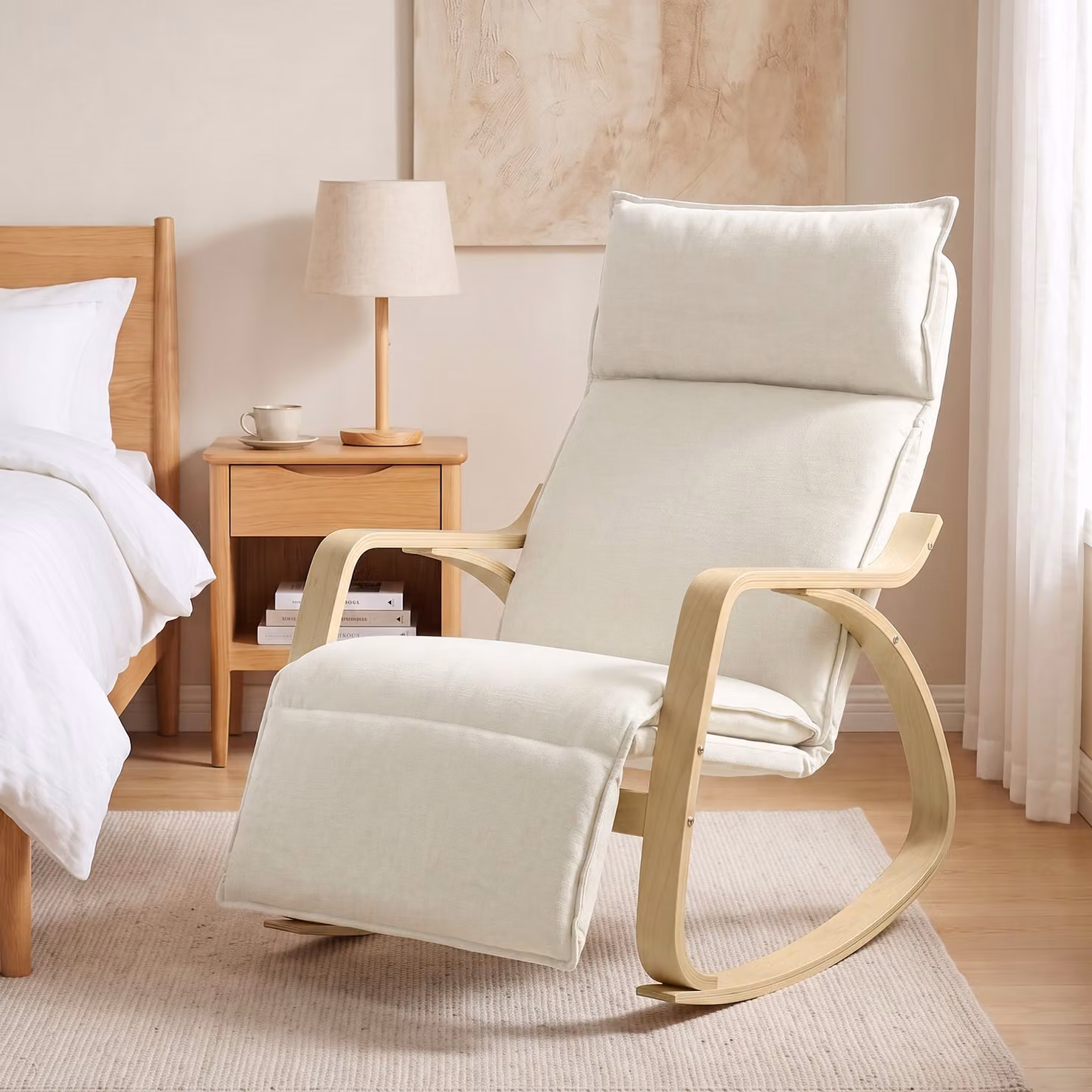 Poltrona a dondolo HOMCOM con poggiapiedi regolabile in tessuto effetto lino, colore bianco crema, stile scandinavo – 2