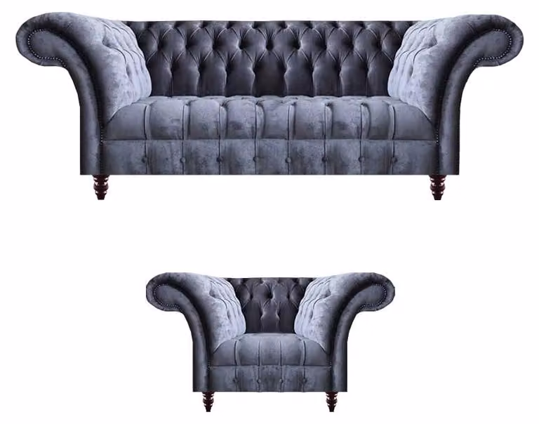 Graue Chesterfield Textil Garnitur Designer Sofagarnitur 3-Sitzer 2tlg
