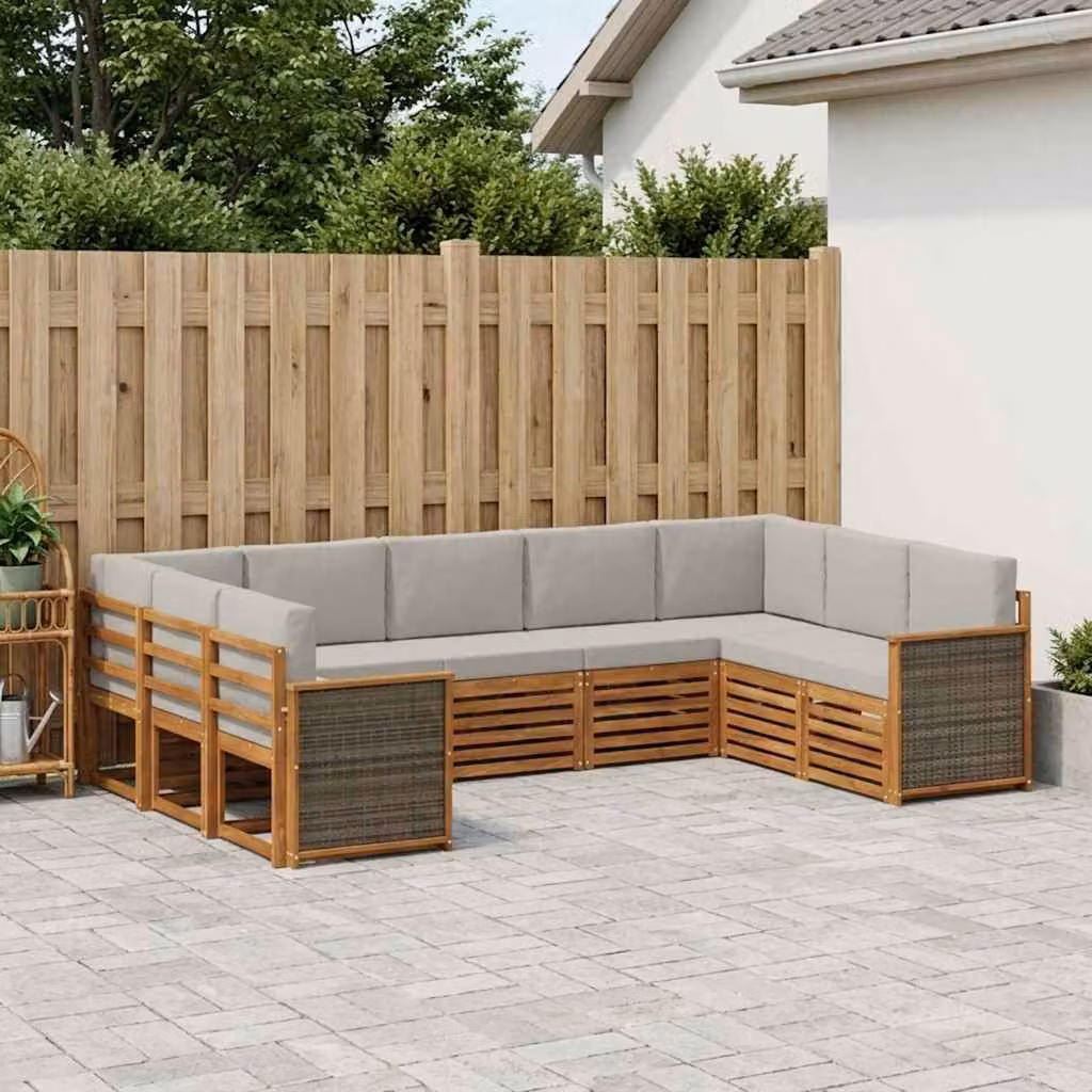 Set di divani da esterno a L vidaXL in legno di acacia con cuscini, 7 pezzi, Grigio e Beige