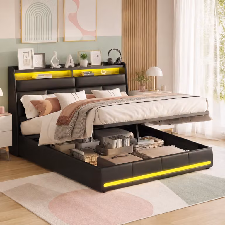 Letto imbottito INONEFT 160x200 cm con LED, letto matrimoniale con sistema di sollevamento idraulico e spazio contenitore, letto a molle con contenitore, letto per ragazzi con rete a doghe, rivestito in ecopelle color beige