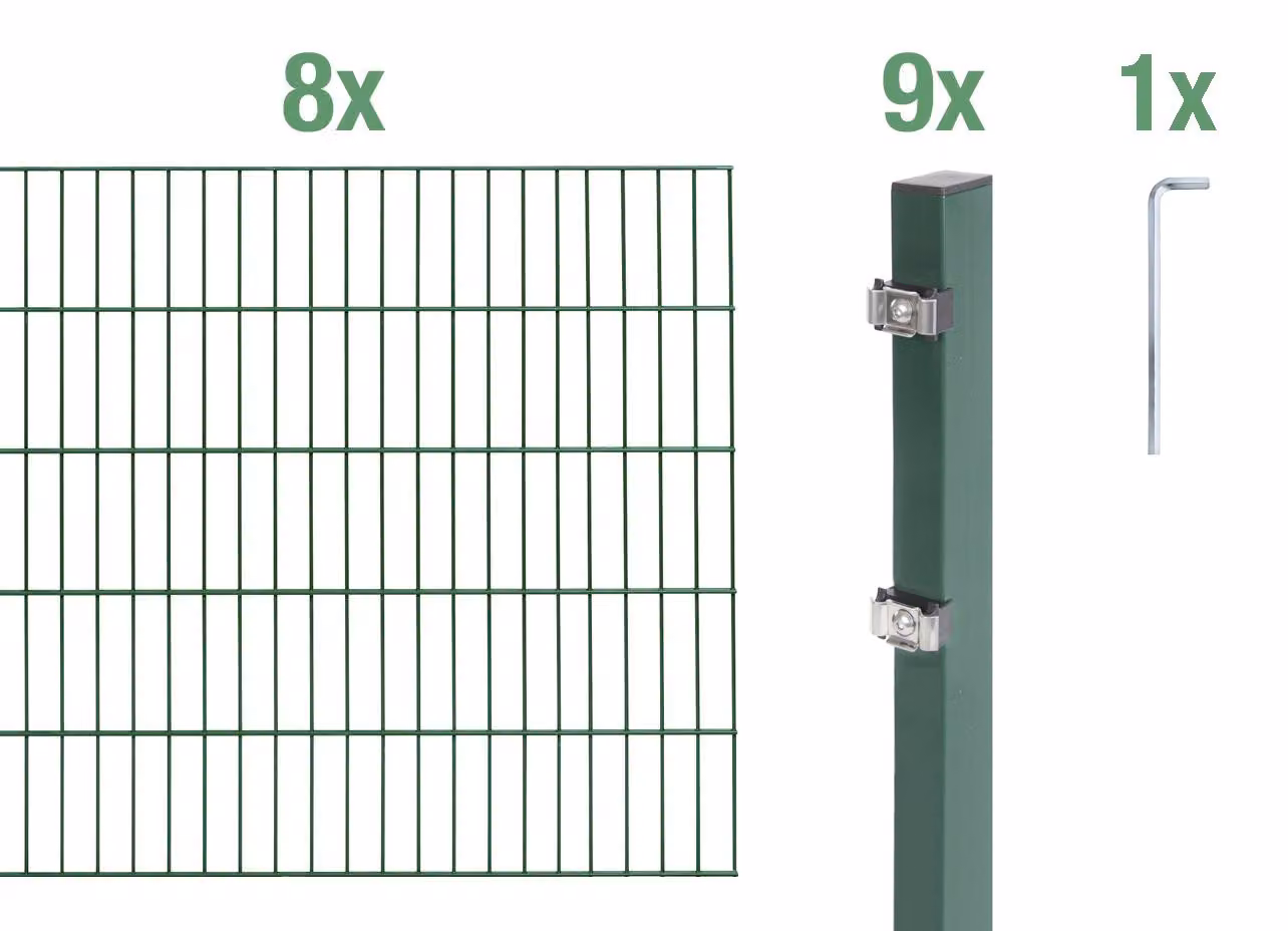 Recinzione a pannelli doppi, modello Alberts 655969, set completo da 18 elementi, colore verde, altezza 200 cm, lunghezza 16 metri