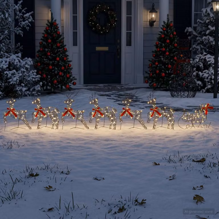 vidaXL Renna di Natale con slitta 7 pz 140 LED Bianco caldo
