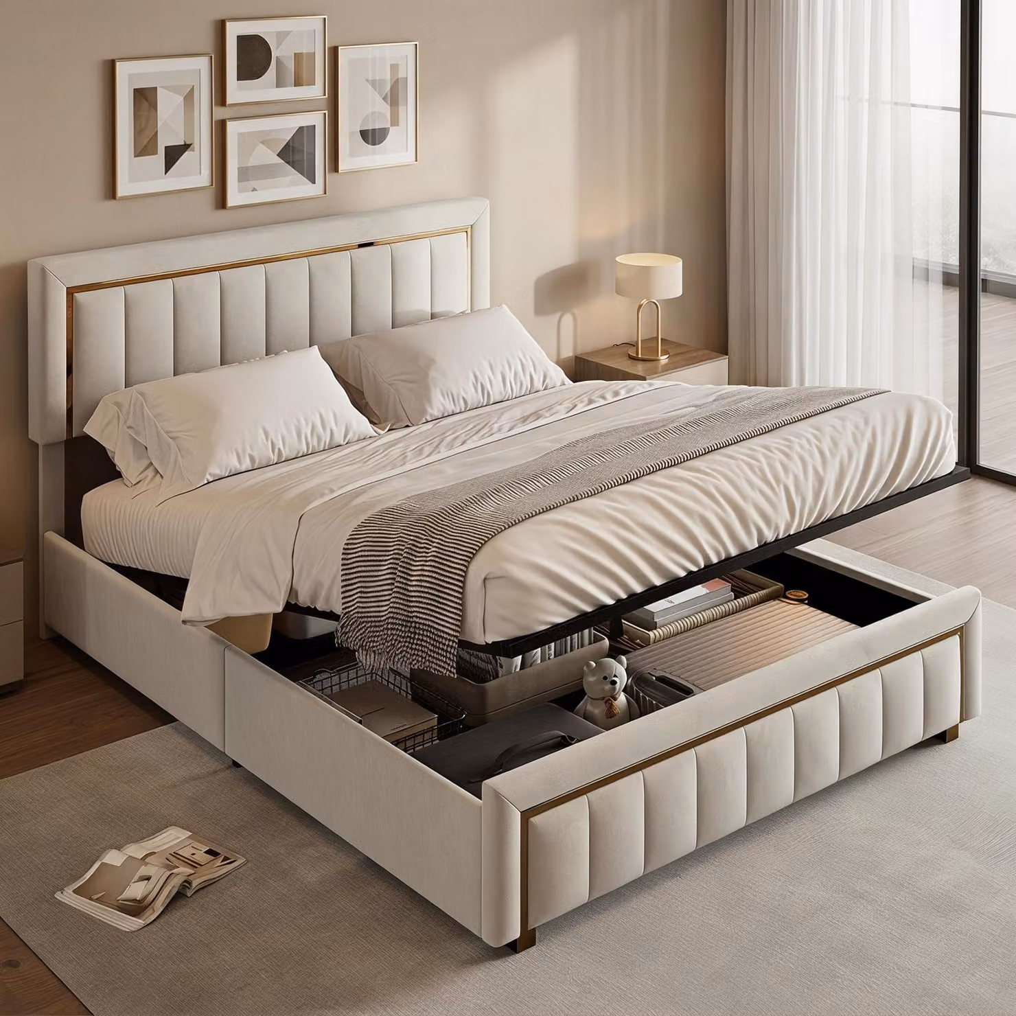 Letto con boxspring INONEFT, 140x190 cm, con rete a molle, letto imbottito con sistema idraulico e spazio contenitore, struttura dorata, matrimoniale, in velluto, color beige