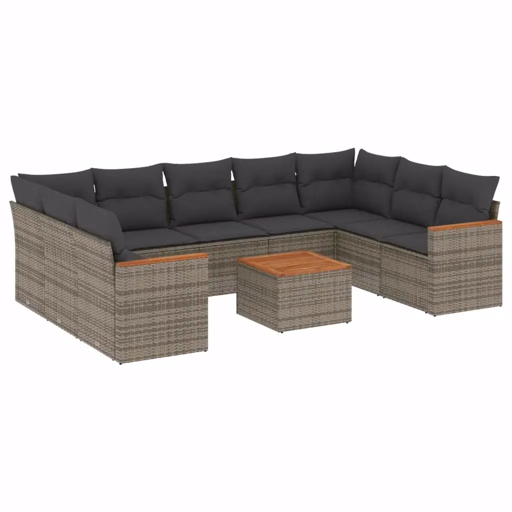 vidaXL Set Divano da Giardino a L 10 pz in Polyrattan Grigio con Cuscini e Tavolino – 2