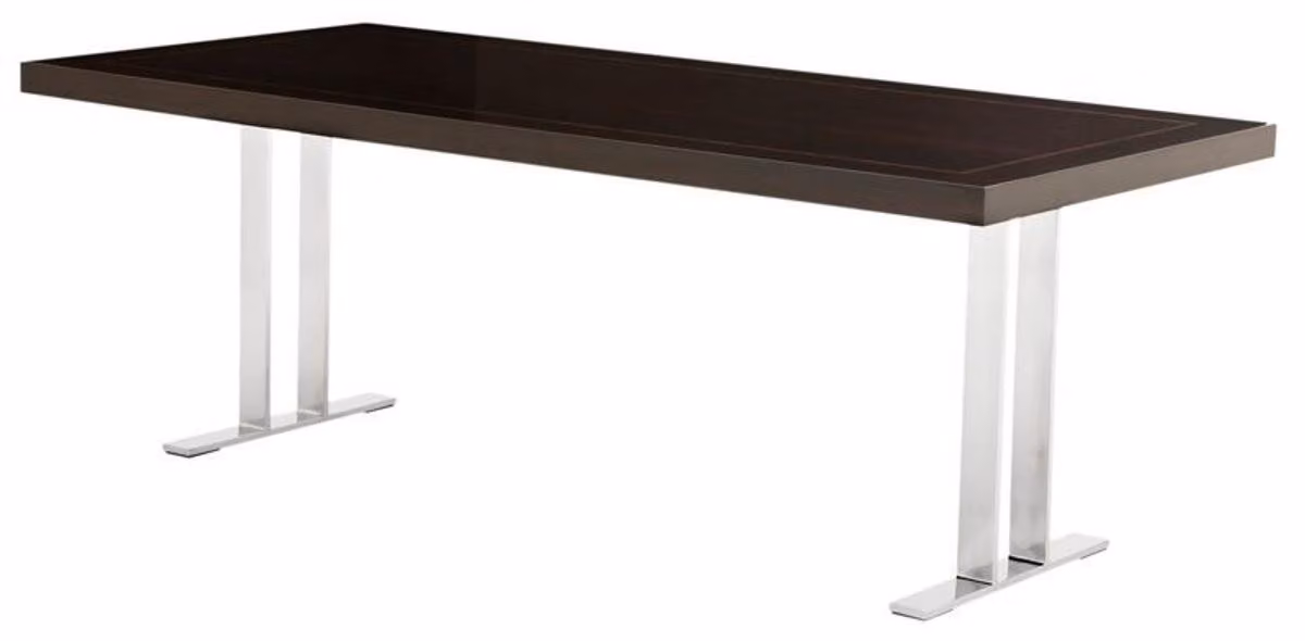 Tavolo da pranzo di design "Casa Padrino", lussuoso, con impiallacciatura di eucalipto, finitura marrone lucida e dettagli in acciaio inossidabile cromato. Dimensioni: 220 x 100 x 78 cm