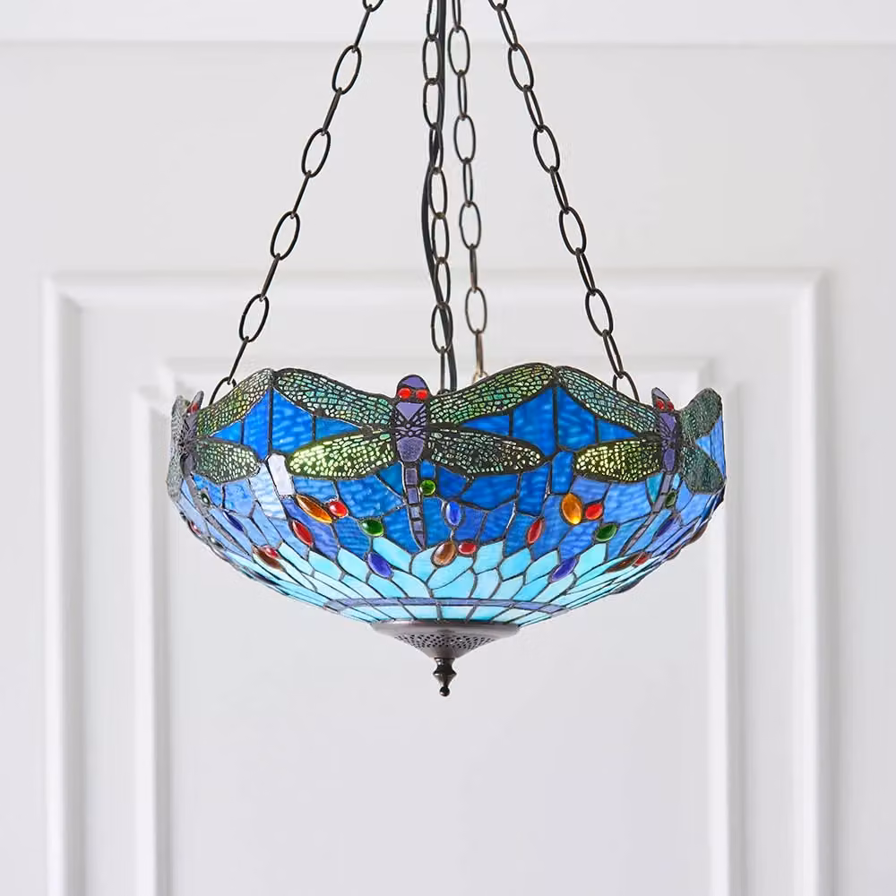 Lampadario a sospensione Tiffany con decoro libellula in vetro e metallo, multicolore blu e marrone, 3xE27, H: 60 cm, L: 41 cm, P: 18 cm – 2