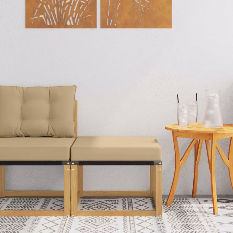 vidaXL Poggiapiedi da Esterno in Legno di Acacia con Cuscini Bianchi e Beige L: 59 cm, P: 37 cm, H: 37 cm