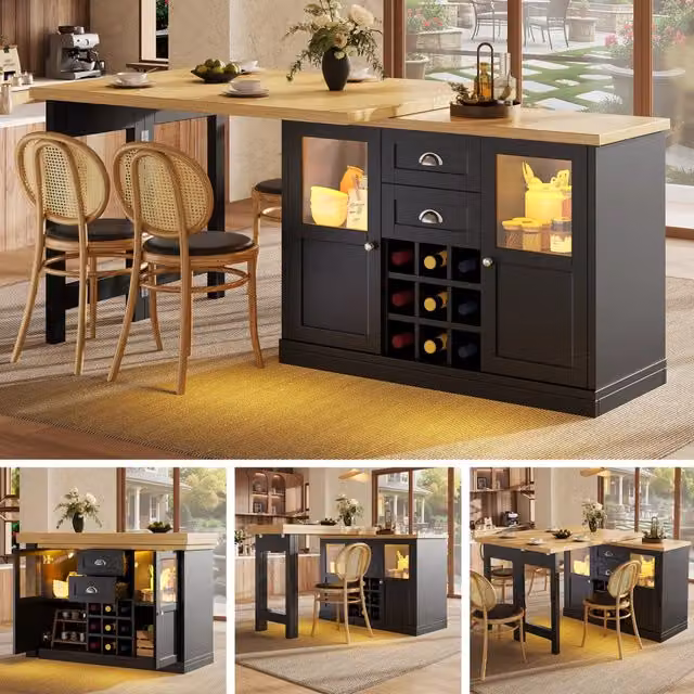 Tavolo da pranzo allungabile 120-197 cm, rotante 360°, con illuminazione LED a 3 colori, vano portaoggetti e cantinetta, bianco/nero, portata 60 kg