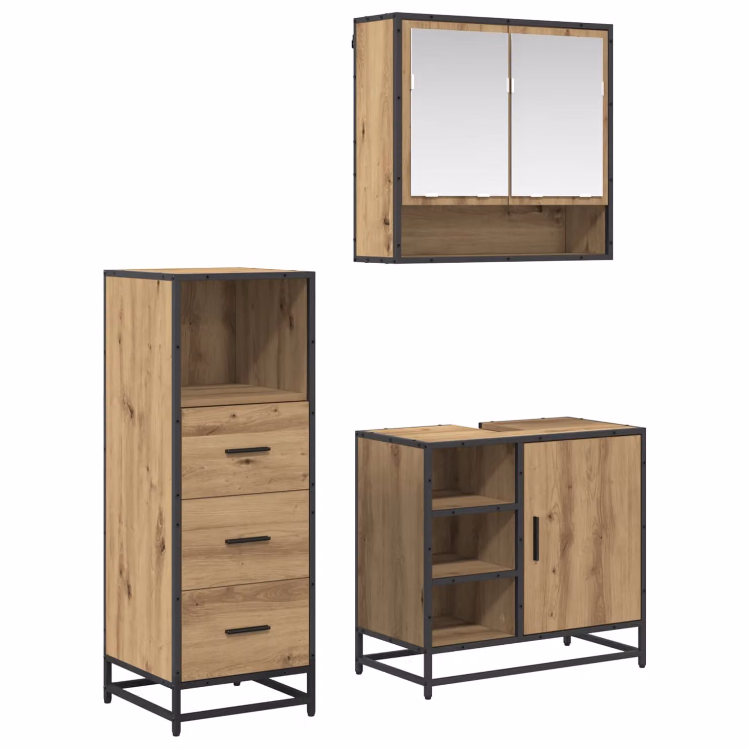 Set di mobili per il bagno vidaXL 3 pezzi in rovere e metallo nero, composto da mobile lavabo, armadietto alto e pensile con specchio