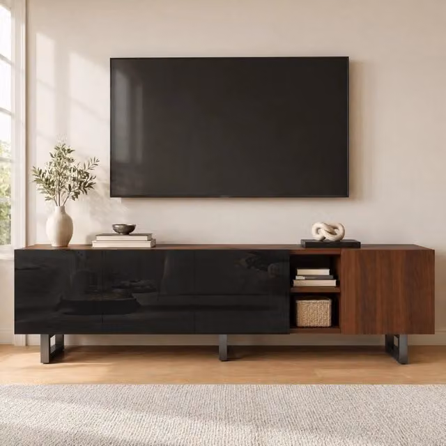 Mobile TV minimalista con 4 ante, finitura nero lucido e venature effetto legno, 180x38x50 cm