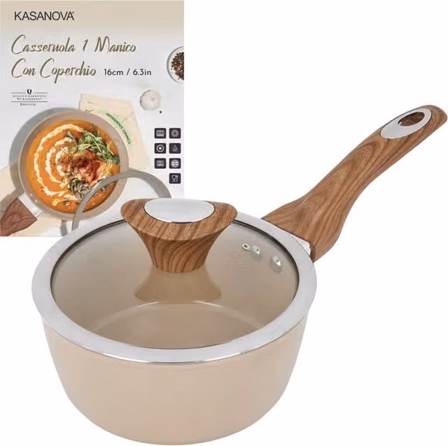 Casseruola con manico e coperchio in vetro Kasanova New Ceramic, colore beige, diametro 16 cm