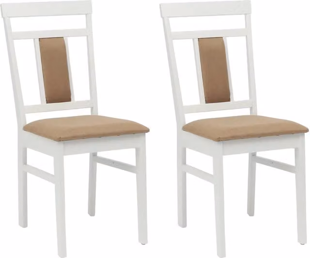 Set di 2 sedie da pranzo e cucina in legno di gomma con seduta in tessuto, colore bianco e marrone