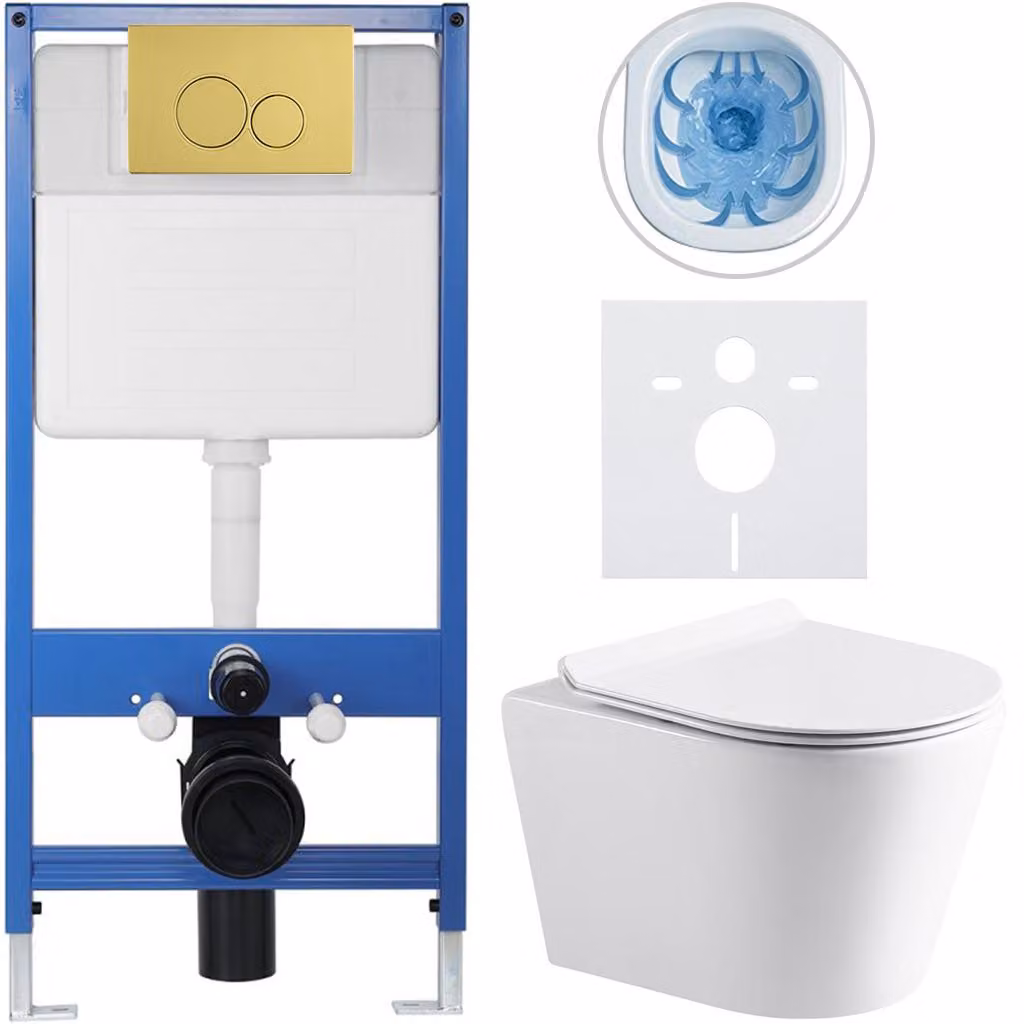 CERANO - Set completo per WC da incasso Lite/Norbi - bianco lucido - pulsante WC Duo, dorato - installazione a parete - 48,5 x 36,5 cm