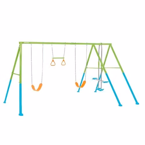 Intex 44130 - Altalena con Due Seggiolini, Dondolo e Trapezi, Acciaio, Verde e Azzurro, 465x249x203 cm
