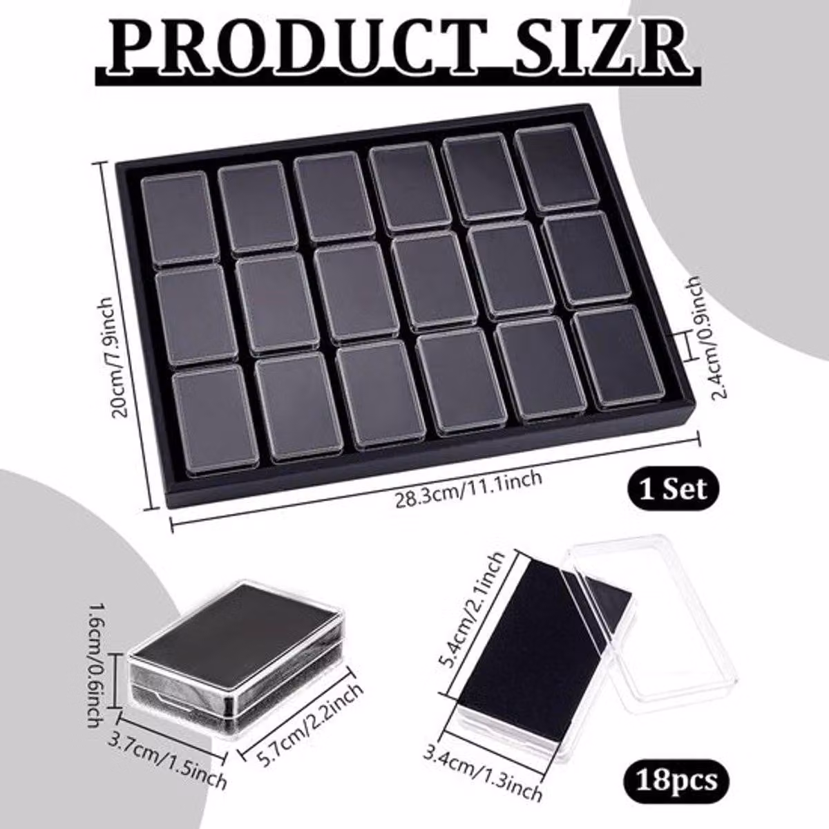 18 pezzi - Contenitore con coperchio - Organizer - Scatola espositiva - Contenitore esterno nero - Include tappetino in spugna