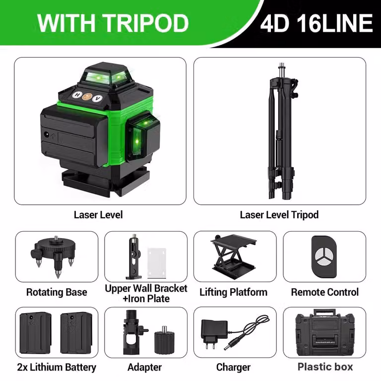 Livella laser - Livella laser 4D a 16 linee - Livellamento orizzontale e verticale a 360° - Funzionamento automatico - Raggio laser verde - Accessori completi