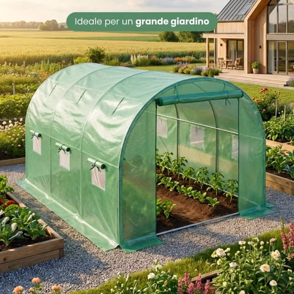 Serra da giardino a tunnel AKORD Furniture Factory in metallo galvanizzato e telo in PE verde e trasparente con 1 porta e 6 finestre L: 300 cm, P: 200 cm, H: 200 cm – 2