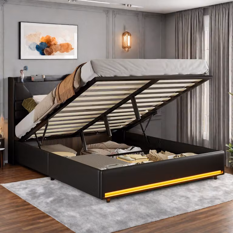 Letto imbottito Fortuna Lai 140x200 cm, idraulico con testata a LED, ricarica USB, rete a doghe e giroletto,Poliuretanonero
