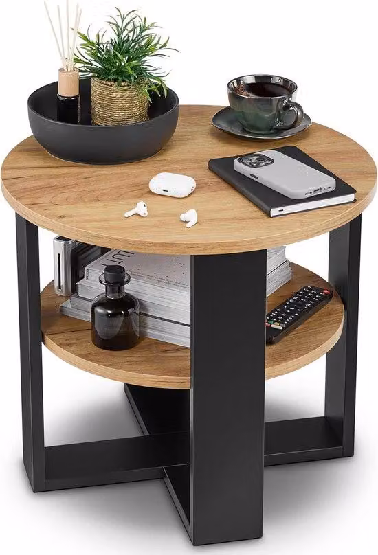 Tavolino rotondo per il soggiorno - Tavolino a due livelli - Ideale per l'arredamento del soggiorno - Diametro 53 cm - Finitura nero rovere