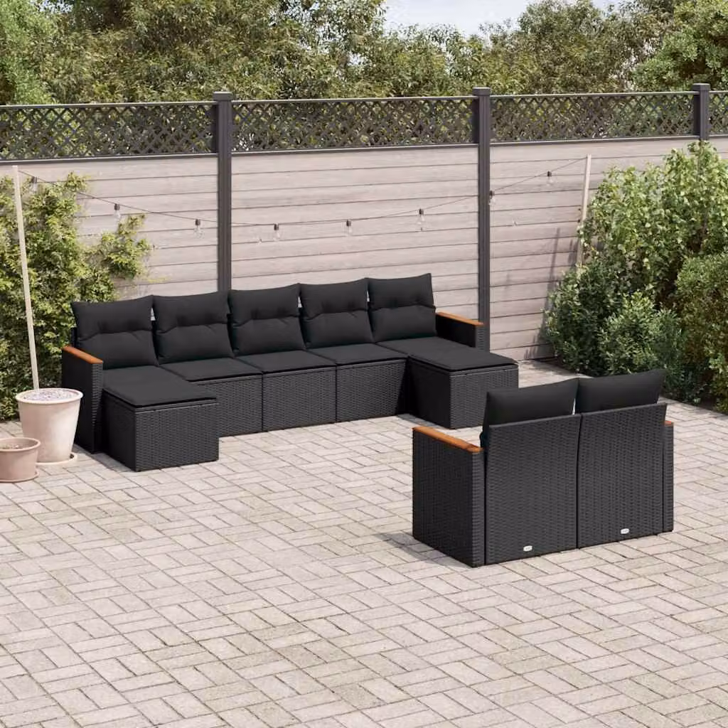 vidaXL Set Divani da Giardino a L 9 pz in Polyrattan Nero con Cuscini e Ottoman – 1
