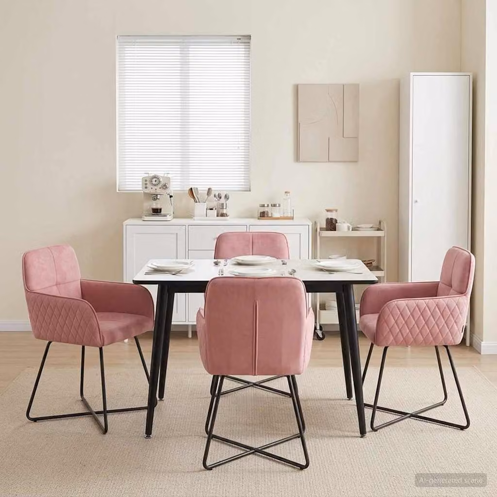 Set di 4 sedie da pranzo vidaXL in velluto rosa con struttura in metallo, L: 59 cm, P: 56,5 cm, H: 86 cm