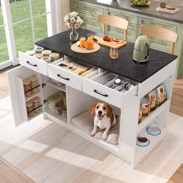 Isola da cucina ULEVR 120x60x90 cm con 3 cassetti, ripiano regolabile e vano per animali domestici, bianca