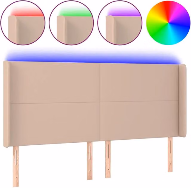 Testata del letto con illuminazione LED e porta di ricarica USB in similpelle color cappuccino, L 203 cm x P 16 cm x H 118/128 cm