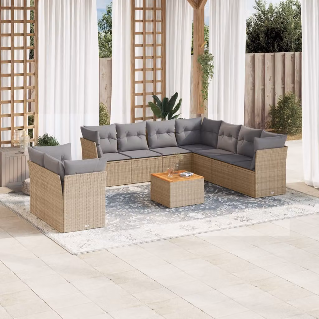 vidaXL Set Divano da Giardino 10 pz a Forma a L con Cuscini Beige e Tavolino da Esterno in Polyrattan e Acciaio – 1