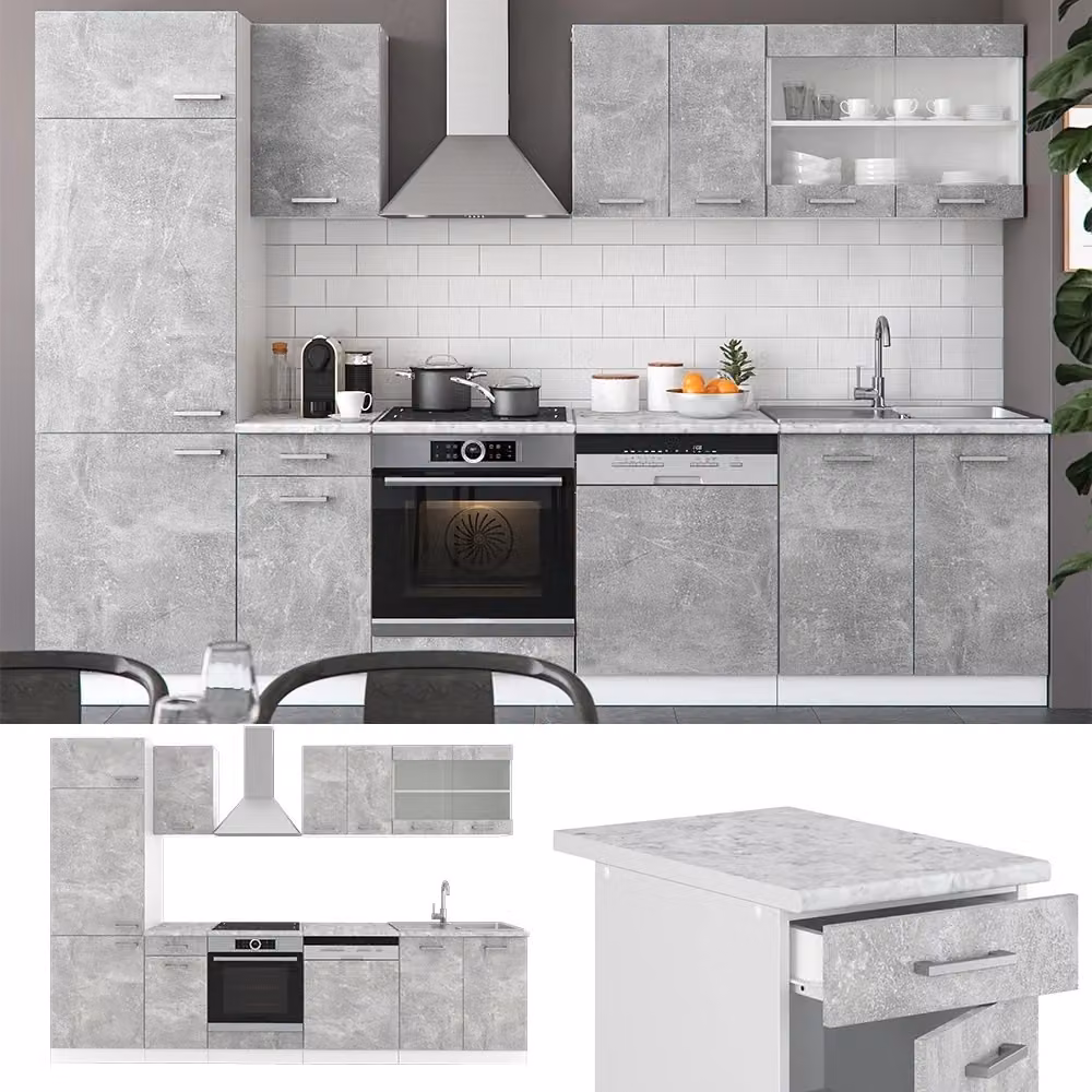 Cucina componibile moderna R-Line Vicco, colore bianco e grigio calcestruzzo, L: 300 cm, senza piano di lavoro – 2