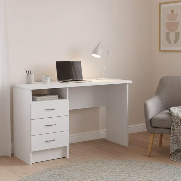 Dmora Scrivania Andre 48x120x72h cm Bianco, 3 Cassetti Materiale Piano in Legno Nobilitato
