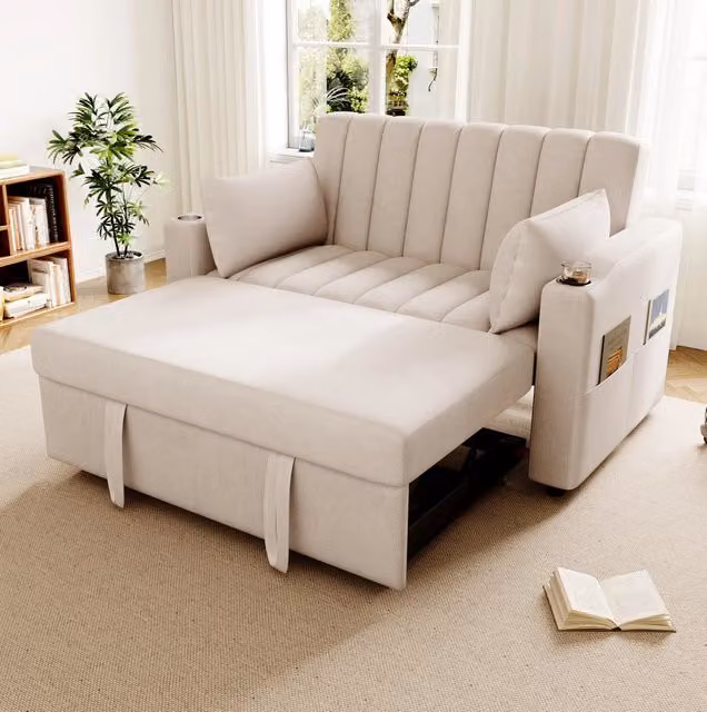 Divano letto 2 posti beige 136x162x84 cm effetto lino; schienale regolabile