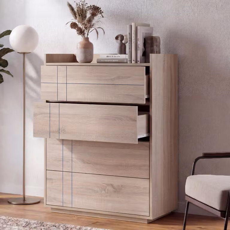 Comò MCW-P44, credenza, 4 cassetti con apertura a pressione, MDF 107x80x40 cm ~ effetto rovere Sonoma