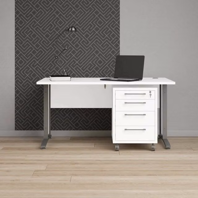 Scrivania DMORA moderna con cassettiera, tavolo per ufficio e computer in MDF laminato opaco, Bianco e Grigio, L: 150 cm, P: 80 cm, H: 75 cm