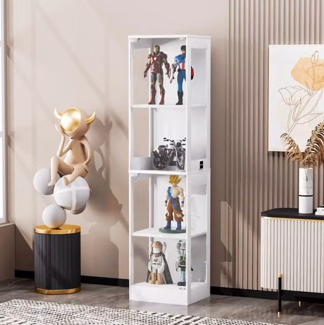 Vetrina MODFU con ante in vetro e illuminazione integrata, colore bianco, L: 40 cm, P: 35 cm, H: 165 cm