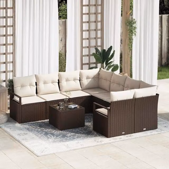 Set di divani 9 pz 8-Numero di posti Marrone e Crema Polyrattan 3346318