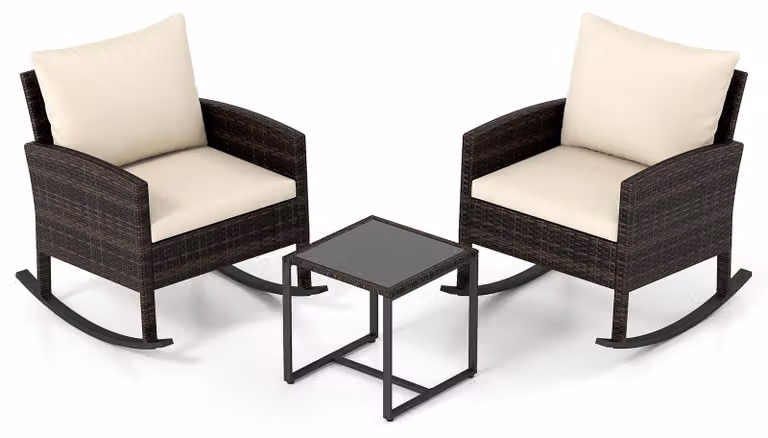 Set di mobili da giardino COSTWAY da 3 pezzi, mobili da balcone in polyrattan con 2 sedie a dondolo e tavolo in vetro, set da balcone e terrazza con 2 cuscini di seduta e 2 cuscini per lo schienale