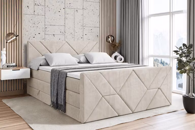 Letto boxspring ALTDECOR con pediera, 2 materassi e topper - 160x200 cm - BARWA-Z KING - Velluto color crema - Letto imbottito con materassi H3 e H4, contenitore e rete a doghe, letto con spazio contenitivo