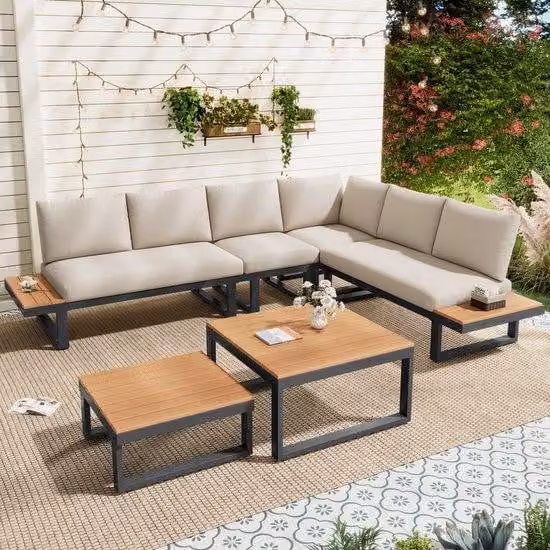 Set di mobili da giardino, configurazione ad angolo, con funzione di inclinazione regolabile (5 posizioni, fino a 55°), tubi in acciaio zincato, piano del tavolo in plastica, con due sgabelli da salotto, beige + nero