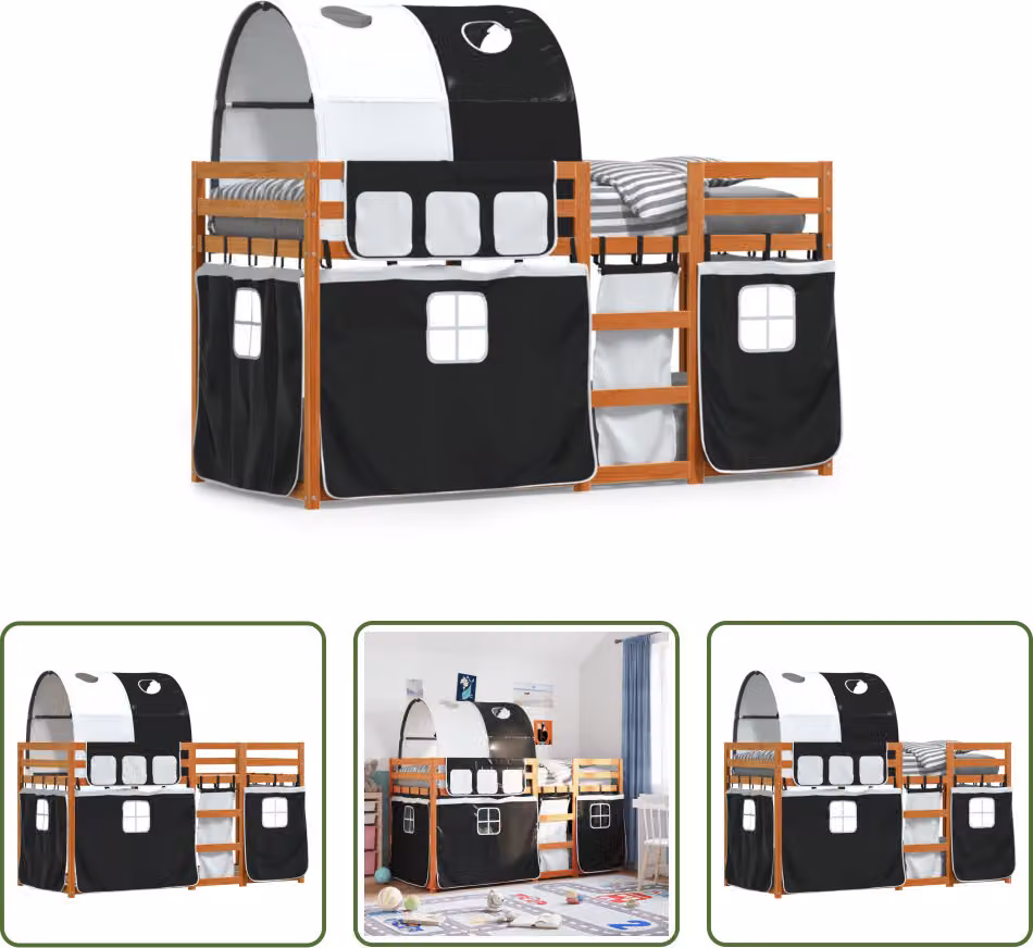 The Living Store Letto a castello con tende bianco nero 90x200 cm in legno di pino