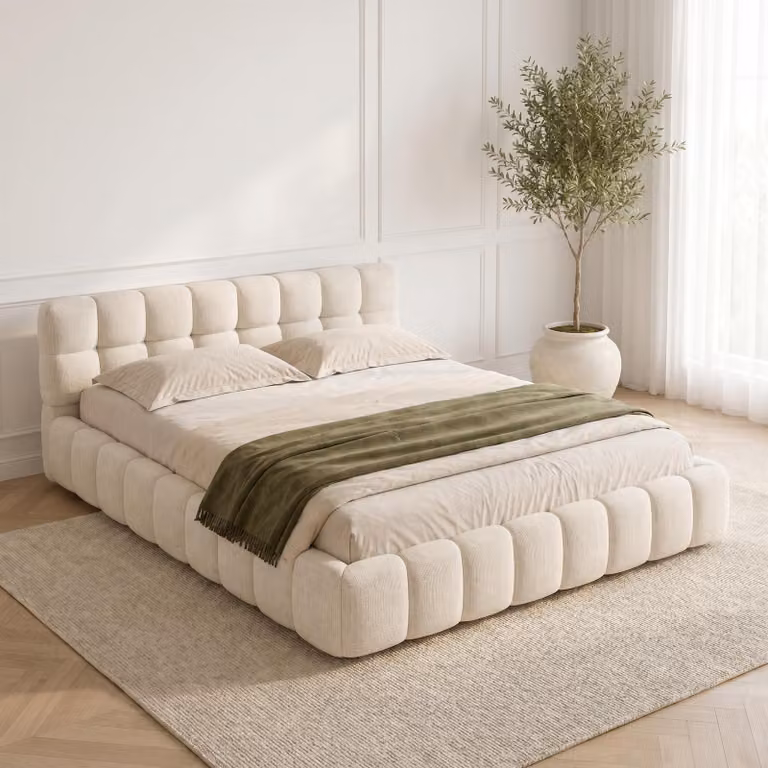 Letto imbottito INONEFT modello Bubble, 140x200 cm, letto matrimoniale con rete a doghe, letto per ragazzi con testiera e schienale imbottiti, tessuto in lino, colore beige