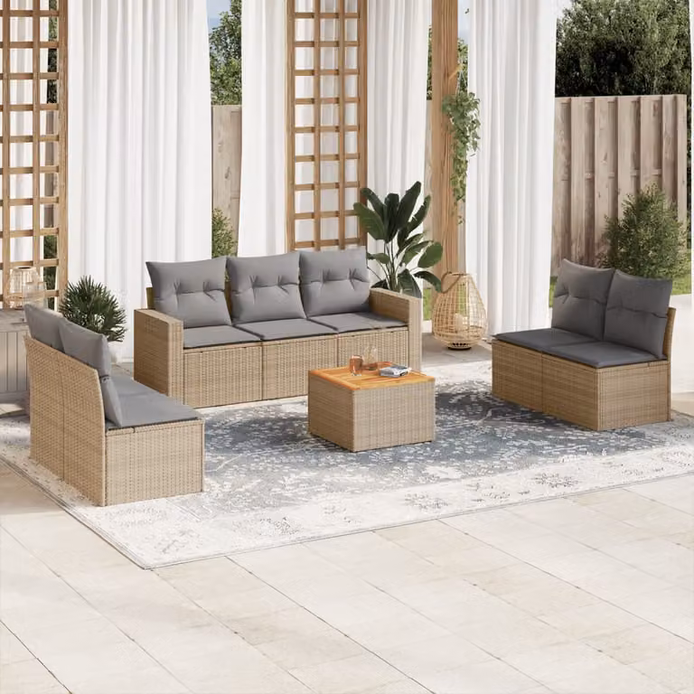 Set Divano da Giardino vidaXL 8 pz in Polyrattan con Cuscini Beige e Grigio e Tavolino per Terrazza e Giardino