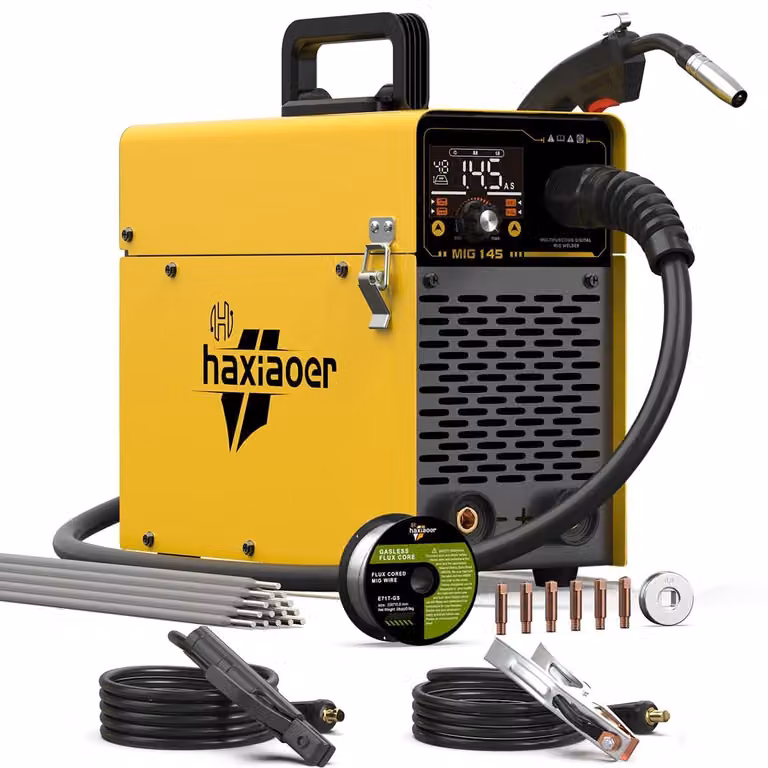 Saldatrice multifunzione 145A 3-in-1: saldatura a filo continuo (MIG), saldatura ad elettrodo (MMA), saldatura TIG Lift. Potenza: 4800 W. Colore: giallo
