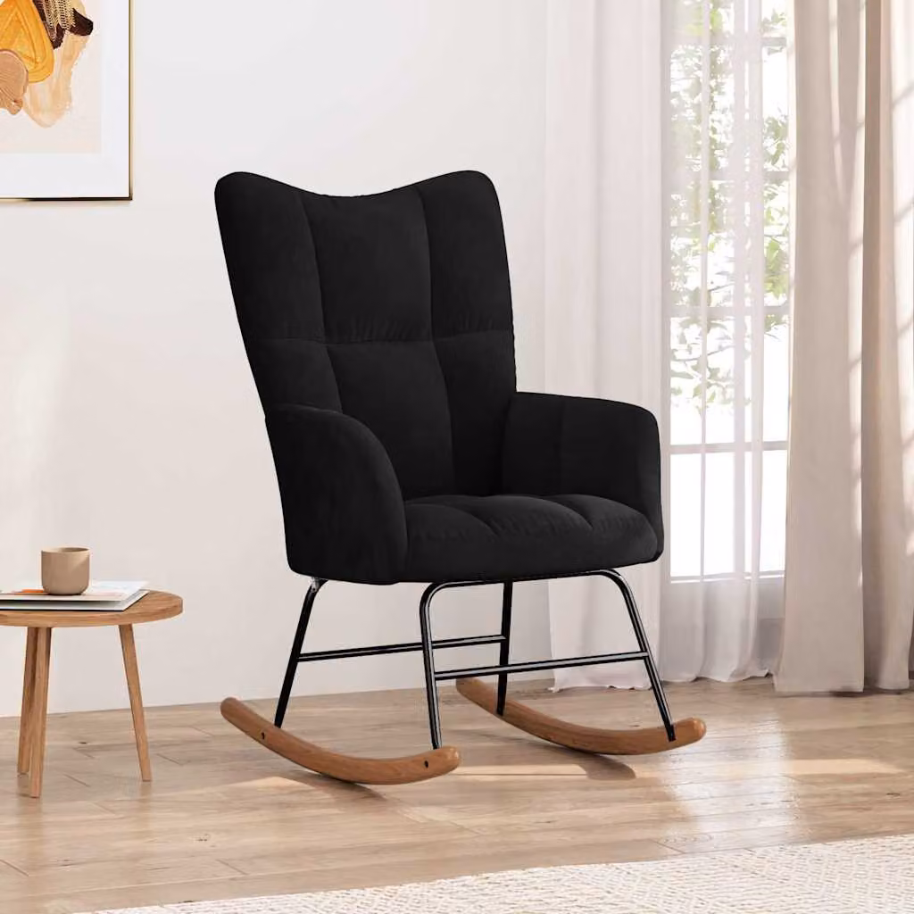 Sedia a dondolo moderna vidaXL in velluto nero con struttura mista per soggiorno