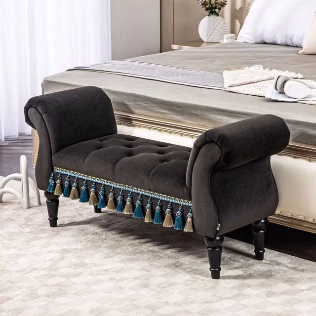 Panca contenitore imbottita con braccioli e gambe in legno massello, in schiuma grigio scuro, 117×40×58 cm